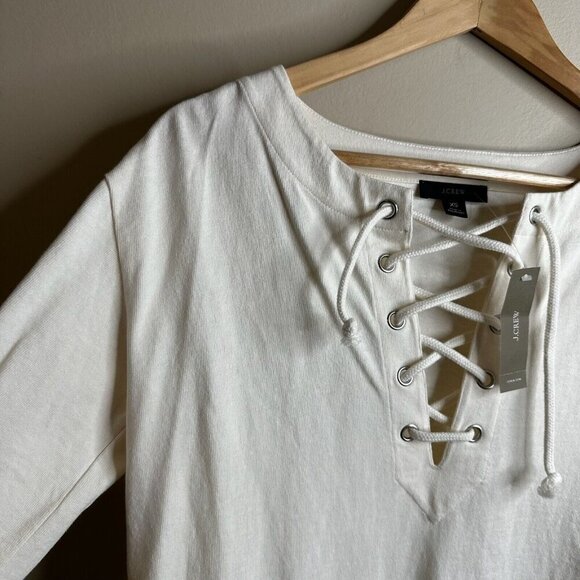 J Crew Shirt Dress Sz XS Ivory Lace Up Balloon Sleeve Cotton Boho Coastal Preppy - Picture 3 of 13